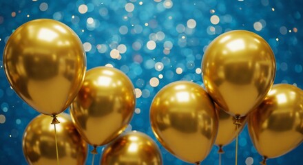 輝く金色の風船、青く輝く背景で華やかに浮かぶ