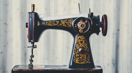 Ornate, black antique sewing machine with gold details against floral wallpaper background