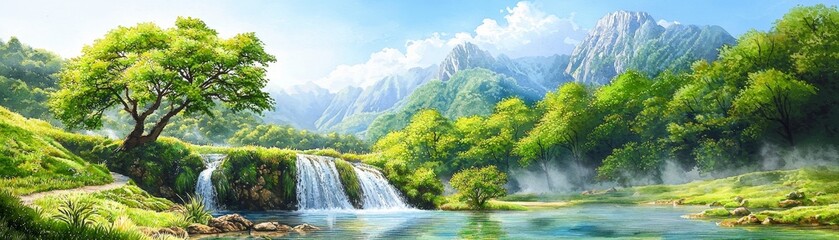 Tropical valley waterfall adventure lush green landscape nature photography serene environment scenic viewpoint