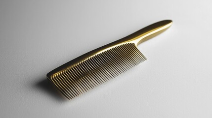 A gold colored comb rests on a white surface