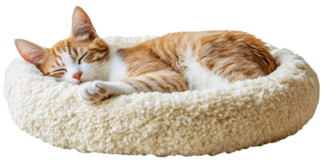 Cute cat sleeping in a soft, fluffy, furry bed, isolated on a transparent background