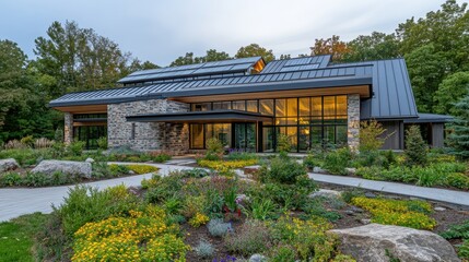 Modern house exterior, gray metal roof, stone wall, glass walls, and flower garden. For use in architecture, real estate, and sustainable home design projects.