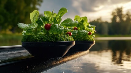 Growing fresh vegetables in floating planters serene lake photography nature aerial view sustainability