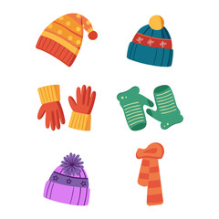 A set of clothes, namely accessories, consisting of hats, gloves, mittens and a scarf