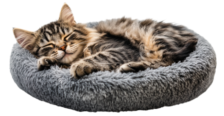 Cute cat sleeping in a soft, fluffy, furry bed, isolated on a transparent background