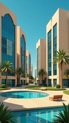 Fototapeta premium Emirati Urban Oasis depicted in modern building with large glass windows, palm trees, clear blue pool. Concept of Emirati Urban Oasis showcasing serene landscape and tranquility.