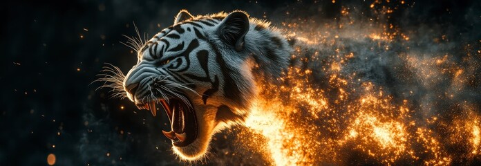 White Tiger Roaring Surrounded by Fire and Sparks Emanating Energy and Power on a Dark Background