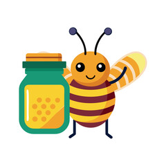 Cartoon illustration of a bee with a jar of honey