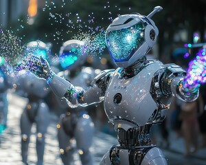 Fototapeta premium Songkran street parade Futuristic robots showcasing vibrant lights.
