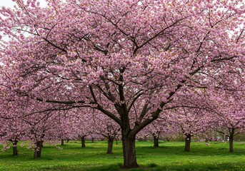 Fototapeta premium Pink Cherry Blossoms Bloom Softly Spring Day. AI Generated