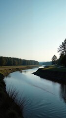 Fototapeta premium Border River Views in Belarus Brest showcase tranquil landscape with calm river, lush greenery, tall trees. Concept of serenity in Border River Views in Belarus Brest.
