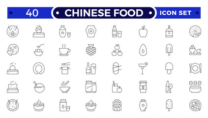 Chinese Food icon set. Includes Soup, Bowl, Chinese, Food, Kitchen, Meal, Burger, donut, French fries, hot dog, kabab, pizza, ice cream, pizza  and More.