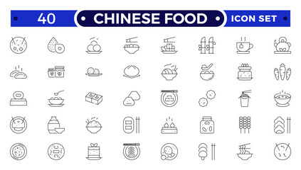 Chinese Food icon set. Includes Soup, Bowl, Chinese, Food, Kitchen, Meal, Burger, donut, French fries, hot dog, kabab, pizza, ice cream, pizza  and More.