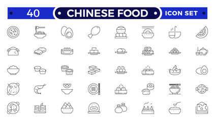 Chinese Food icon set. Includes Soup, Bowl, Chinese, Food, Kitchen, Meal, Burger, donut, French fries, hot dog, kabab, pizza, ice cream, pizza  and More.