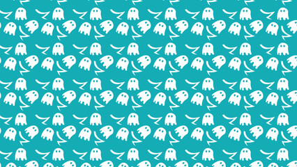 Playful seamless pattern of white ghost shapes and crescent moons lightly scattered over a teal background, ideal for Halloween, festive, or creative graphic design projects.