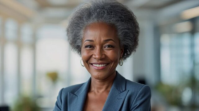 A confident old woman smiling with crossed arms in a professional office environment, success and institutionalization. 