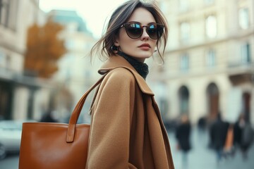 Obraz premium Stylish woman in sunglasses, brown coat, and tote bag on city street. Use for fashion blogs, travel, or urban lifestyle content marketing.