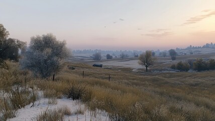 Fototapeta premium Winter Landscape with Frost Covered Shrubs and Hazy Horizon