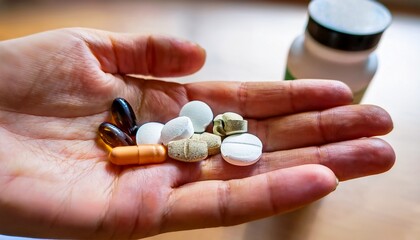 A close-up shot of a woman's well-manicured hand gently holding a few supplements, varying in shape, size, and color—some being smooth and glossy capsules, while others are matte, solid tablets.