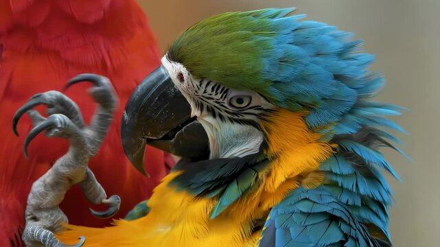 Macaw parrot gracefully cleaning itself with its sharp, curved beak. Suitable for marketing or business purposes