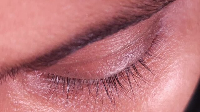 Close-up Macro Beautiful Female Human Eye : Pupil Cornea Iris Eyeball Eyelashes. Blink Open Closed