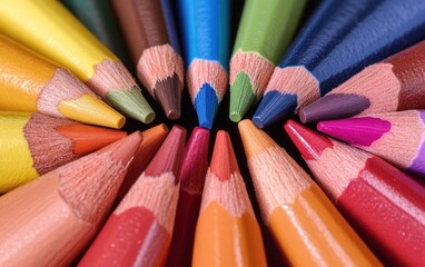Colorful Crayons Arranged in a Circle with Pointed Tips in a Close-up View