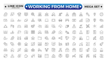 Working from home outline icon set. Containing remote work, work online, freelancing, home office, digital nomad, portfolio, and more. Editable stroke outline icon.
