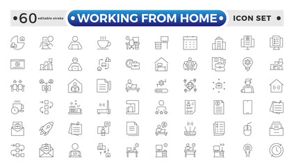 Working from home outline icon set. Containing remote work, work online, freelancing, home office, digital nomad, portfolio, and more. Editable stroke outline icon.
