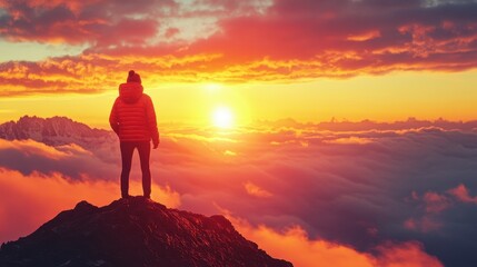 Obraz premium Man standing on a mountaintop looks out at a colorful, cloudy sunrise. Use it to illustrate success, overcoming challenges, or travel goals.