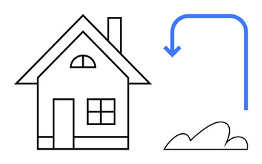 House with door, chimney, and window, next to a curved blue arrow pointing toward a bush. Ideal for relocation, eco-living, gardening, sustainability house moving direction home decor. Flat simple