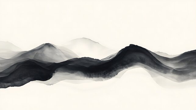 Ink Wash Mountainscape with Abstract Art.