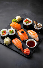 A various types of sushi including nigiri, maki and roll on a ceramic plate types.