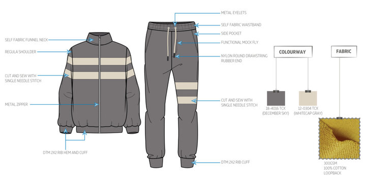 Men's High Neck Sweatshirt and Jogger Sports Tracksuit Technical Flat Sketch with Tech Pack