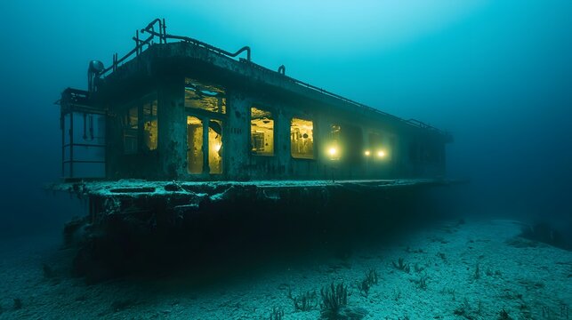 63. An abandoned deep-sea laboratory, its lights flickering eerily through the water
