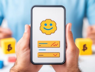 personal finance investment optimization concept. Happy smartphone interface showcasing financial information.