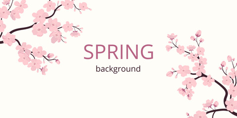 Spring backdrop with two cherry blossom branches and space for text. Flat drawing style with noise texture brush. Bold choice for banners, ads, cover, invitation.