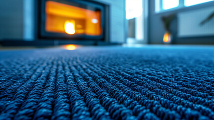 Fototapeta premium Interior close-up photo of blue carpet floor and heater on the background 