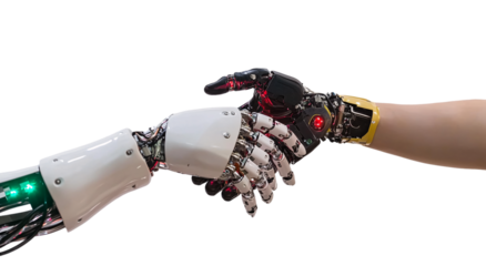 robot hand and human arm shaking hands, isolated on a white background