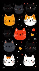 Colorful and cute cat illustrations against a dark night sky