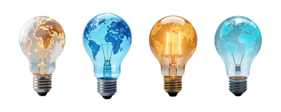 Light Bulbs with Glowing World Maps for Global Ideas on Transparent Background