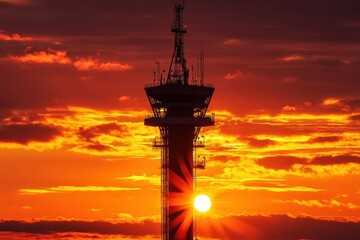 Silhouetted airport control tower stands against a fiery orange sunset sky. Perfect for travel, aviation, or any project needing a dramatic backdrop.