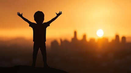Fototapeta premium Child silhouette, sunset, city view