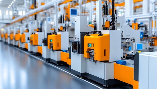 Rows of industrial machines performing automated processes inside the factory