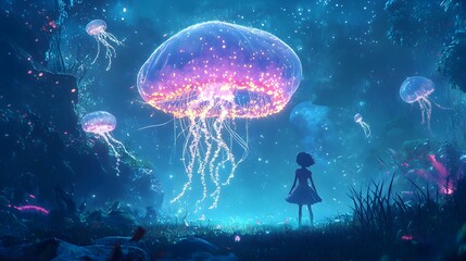 Obraz premium 91. A giant deep-sea jellyfish floating in an eerie, otherworldly glow