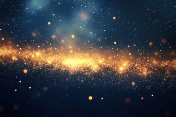Fototapeta premium Beautiful dark blue background with golden shimmering particles and bokeh. Ideal for Christmas, holiday, or fantasy themed graphic designs.