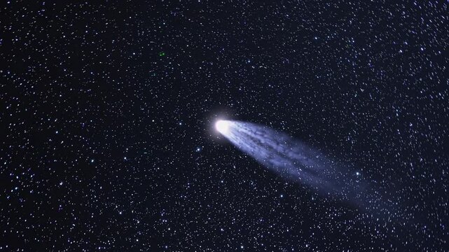 A mesmerizing video of a comet streaking through a starry night sky, captured from a low-angle perspective, highlighting its luminous tail.