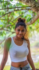 Fototapeta premium Woman in a White Tank Top Smiling