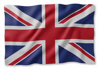 Fototapeta premium A waving Union Jack flag of the United Kingdom, featuring red, white, and blue colors. The iconic British flag represents the UK, patriotism, heritage, and national pride in a textured fabric design. 