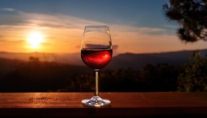 Glass of red wine at sunset