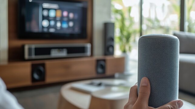 A person using a smart speaker to control music playlist, living room with speaker displaying song title and volume control, High-tech style